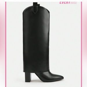 Women Shoes Point Toe Fashion Leather Chunky Heeled Black Boots